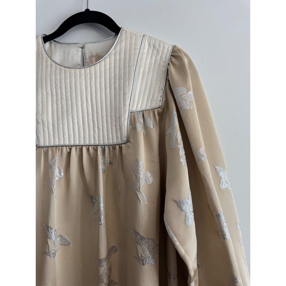 Tory Burch Mushroom Lurex Satin Gown Womens M Champagne Jacquard dress luxury - Picture 5 of 13
